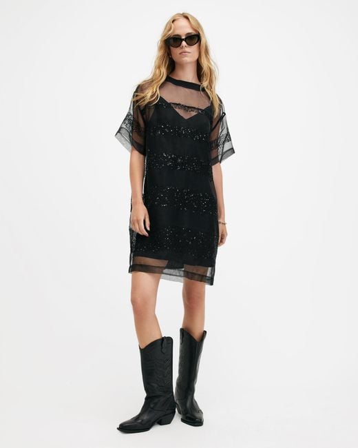 AllSaints Izabela Embellished Mesh Mini Dress in Black | Lyst