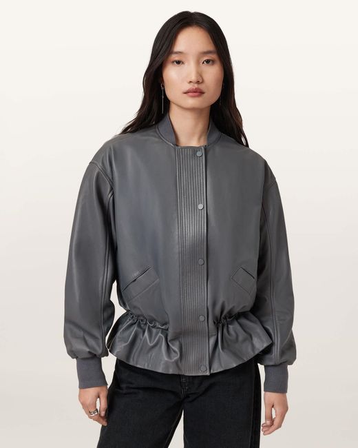 AllSaints Gray Sofi Drawstring Leather Bomber Jacket