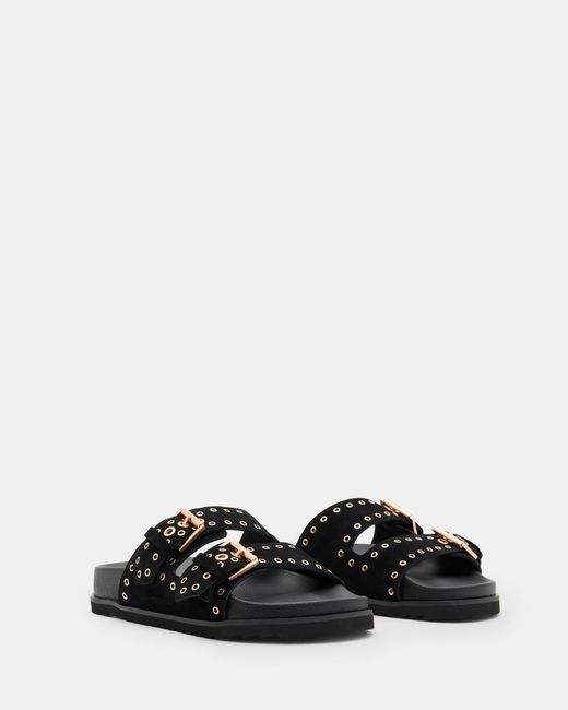 AllSaints Black Khai Two Strap Suede Eyelet Sandals