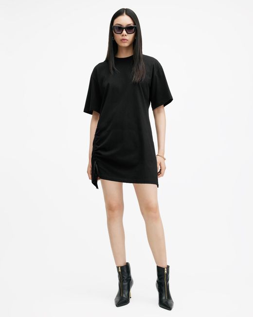 AllSaints Black Naenia Drawcord Mini T-Shirt Dress