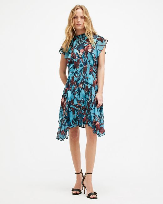 AllSaints Blue Fleur Asymmetric Hem Mini Dress,