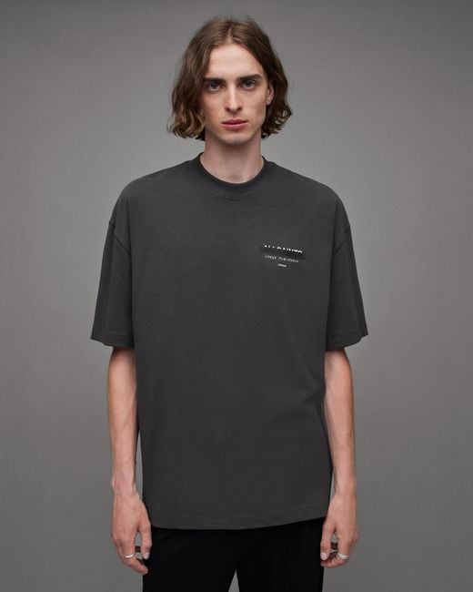 AllSaints Gray Redact Oversized Embroidered Logo T-shirt, for men
