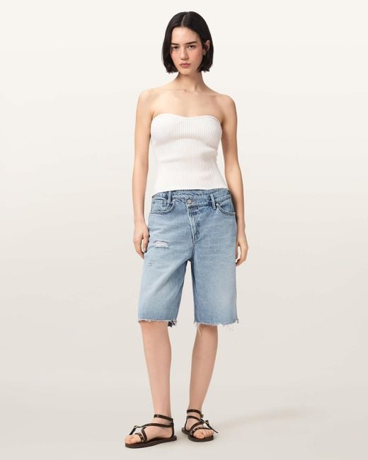 AllSaints Blue Aki Crossover Wide Leg Denim Shorts