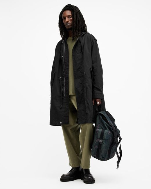 AllSaints Black Birdman Hooded Oversized Parka Coat for men