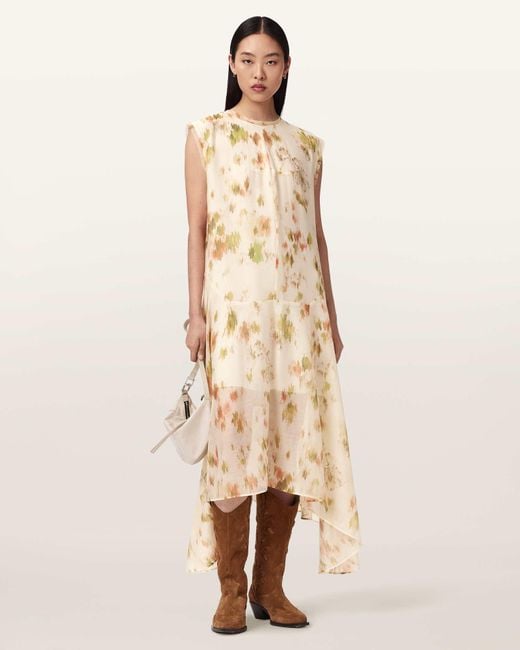 AllSaints Natural Polyester Tanner Floral Midi Dress, /Us 2