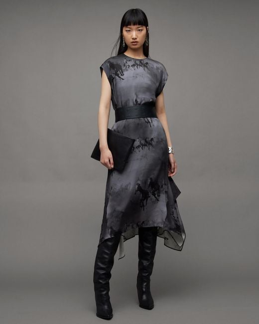 AllSaints Gray Gian Dionne Floral Asymmetric Maxi Dress