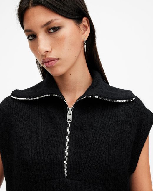 AllSaints Black Octavia Zip Up Ribbed Knitted Tank Top