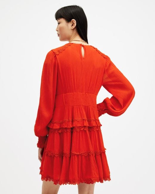AllSaints Red Zora Ruffle V-neck Mini Dress,