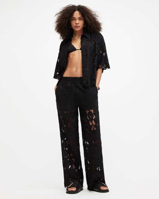 AllSaints Black Charli Relaxed Fit Embroidered Shirt,