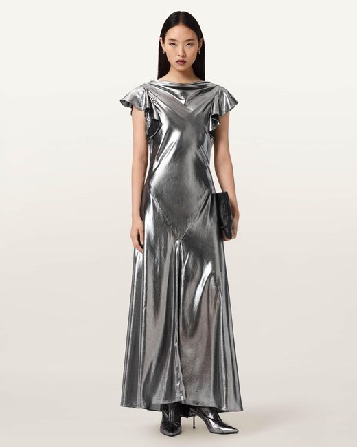 AllSaints White Flora Metallic Maxi Dress