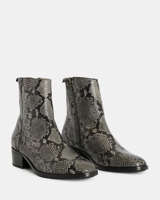 AllSaints Gray Bonham Snakeskin Effect Leather Boots, for men
