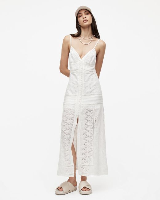 AllSaints White Dahlia Embroidered Broderie Maxi Dress,