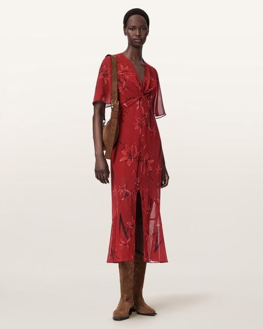 AllSaints Red Mollie Twist Detail Floral Midi Dress