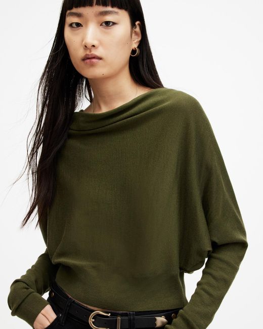 AllSaints Green Ridley Cropped Merino Wool Sweater