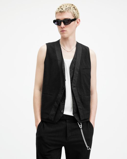 AllSaints Black Heron Slim Fit Waistcoat for men