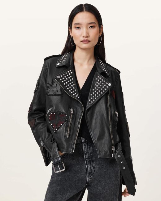 AllSaints Black College Leather Biker Jacket