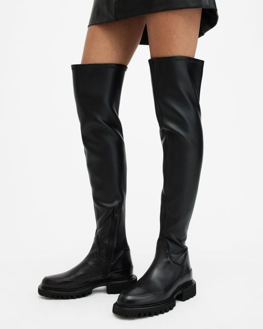 AllSaints Black Leona Over The Knee Leather Boots