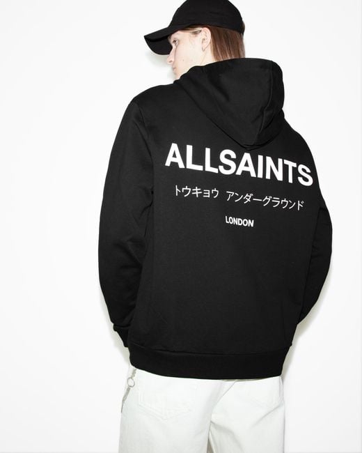 AllSaints Black Underground Zip Logo Hoodie,, Jet for men