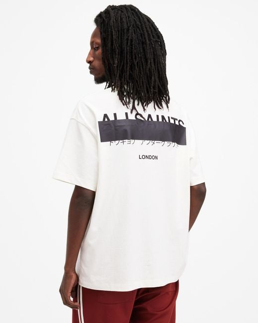 AllSaints Black Redact Oversized Embroidered Logo T-shirt, for men