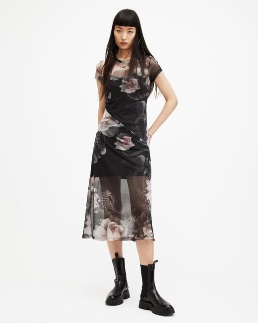 AllSaints Black Hanna Valley Printed Mesh Midi Dress