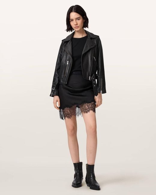 AllSaints Black Polyester Azar Lace Trim Satin Mini Skirt, /Us 2