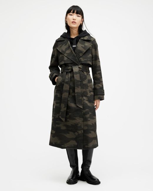 AllSaints Black Mixie Camouflage Relaxed Fit Trench Coat