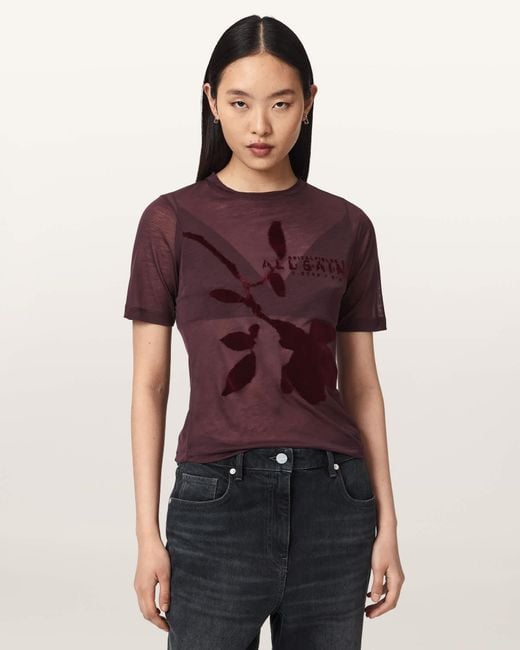 AllSaints Red Athea Graphic Sheer T-Shirt