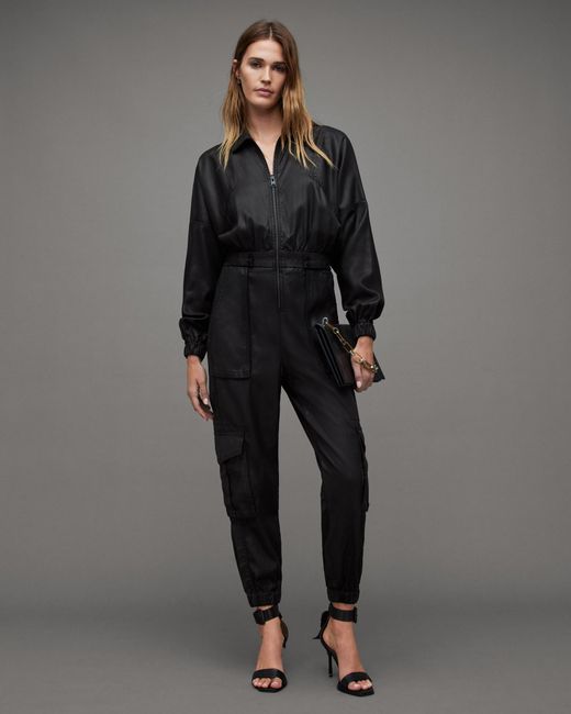 AllSaints Gray Frieda Relaxed Fit Coated Jumpsuit