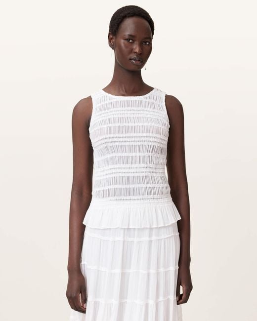 AllSaints White Polyester Marion Shirred Sleeveless Top, /Us 2