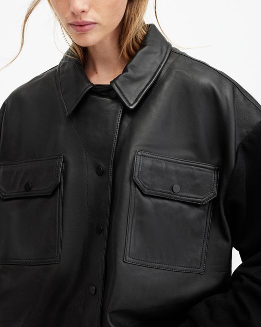 AllSaints Black Morten Oversized Leather Trucker Jacket