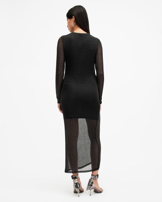 AllSaints Black Nora Ruched Sparkle Midi Dress,, Shimmer