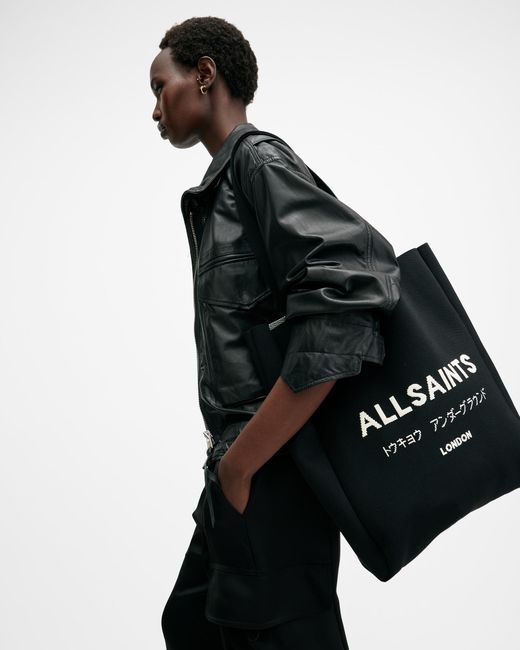 AllSaints Black Izzy Logo Print Knitted Tote Bag
