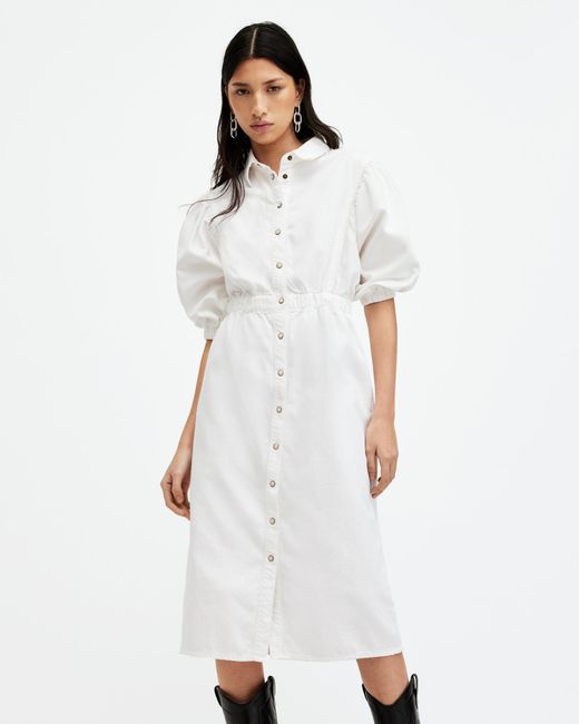 AllSaints White Osa Denim Midi Dress,