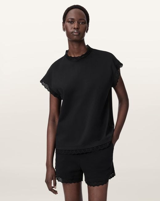 AllSaints Black Lele Lace Trim Cotton Tank Top
