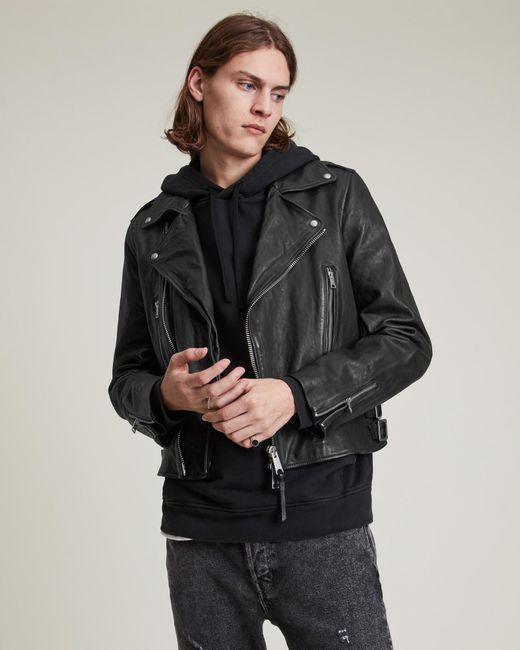AllSaints Black Tavis Leather Biker Jacket for men