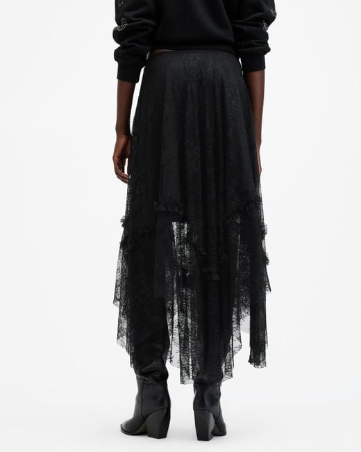 AllSaints Black Jose Tiered Lace Midi Skirt