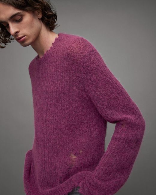 AllSaints Purple Bleaker Oversized Distressed Crew Sweater for men