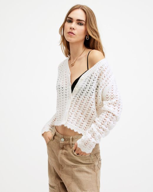 AllSaints Vivian Open Stitch V neck Cardigan in White Lyst
