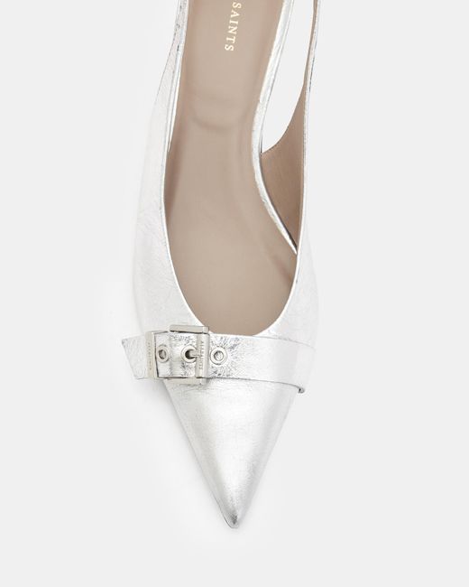 AllSaints White Selina Buckle-embellished Kitten-heel Leather Slingback Sandals