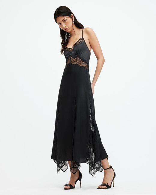 AllSaints Black Jasmine Silk Blend Lace Maxi Slip Dress,
