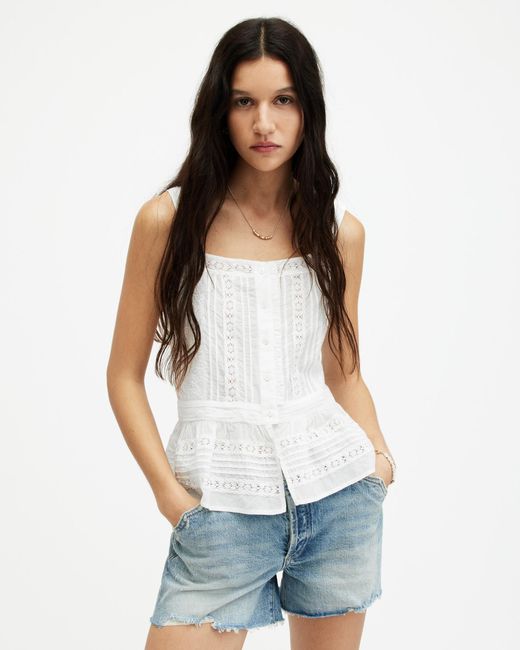 AllSaints White Catalina Square Neck Broderie Top,