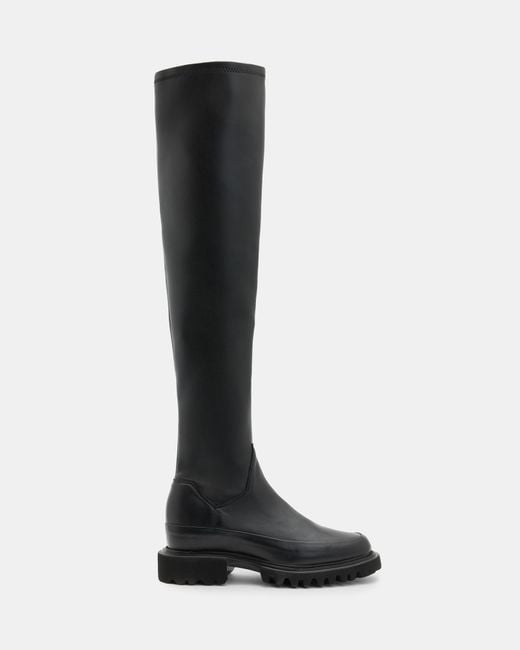 AllSaints Black Leona Stretch Leather Over The Knee Boots