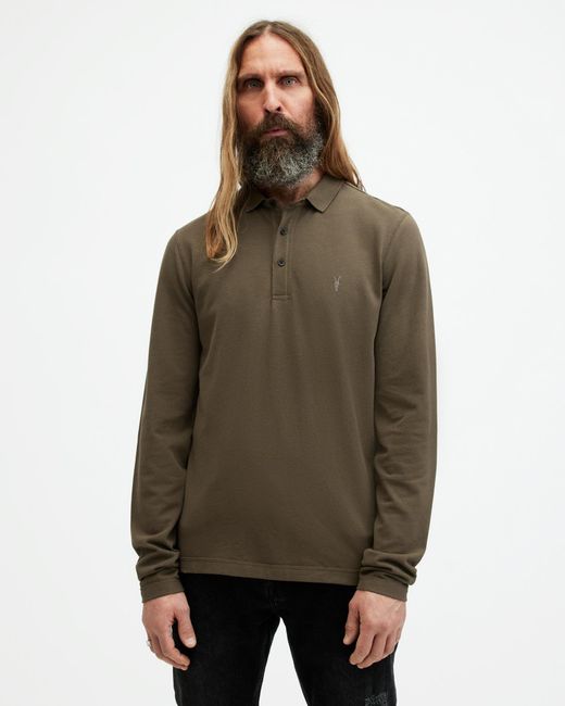 AllSaints Brown Reform Long Sleeve Ramskull Polo Shirt, for men