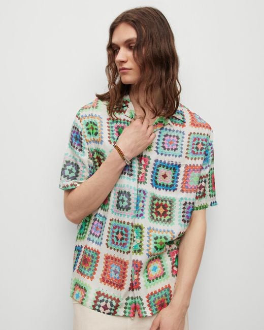 AllSaints White Tunis Crochet Print Relaxed Shirt for men
