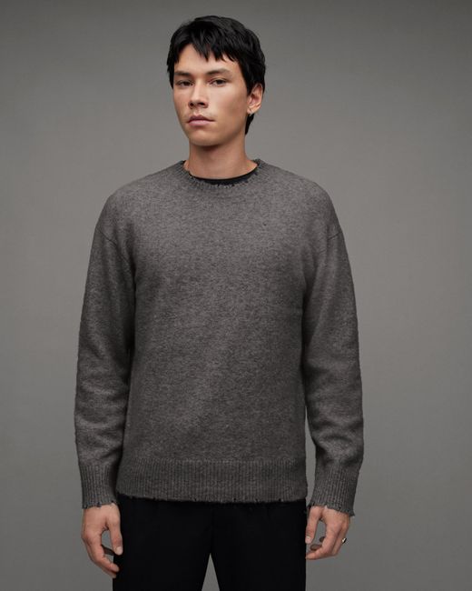 AllSaints Gray Luka Recycled Distressed Crew Neck Sweater for men