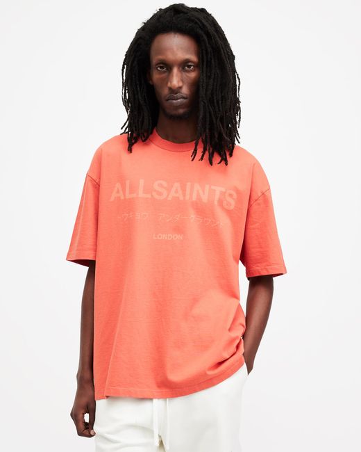 AllSaints Orange Laser Crew Neck Logo Oversized T-shirt for men