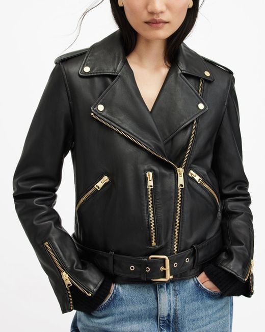 AllSaints Black Balfern Belted-hem Leather Biker Jacket