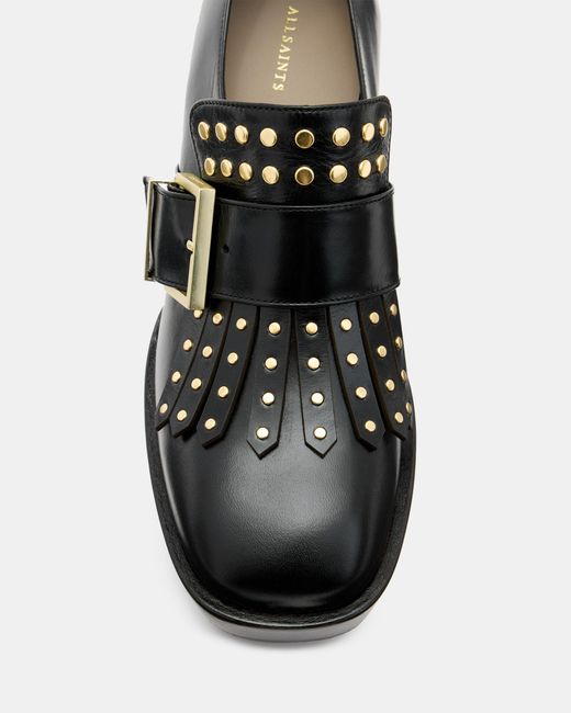 AllSaints Black Zia Studded Leather Heeled Loafers,, Shine