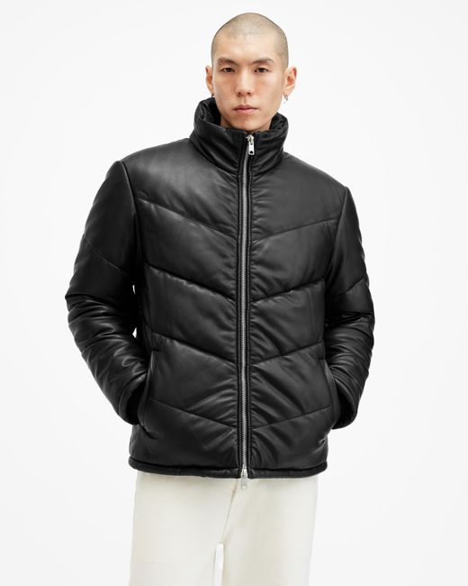 AllSaints Black Oversized Leather Raya Puffer Jacket for men