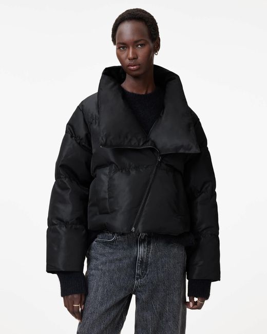 AllSaints Black Nickol Asymmetric Cropped Puffer Jacket